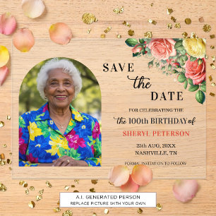 Elegant Floral Photo 100th Birthday Save the Date