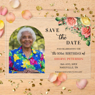 Elegant Floral Photo 101st Birthday Save the Date