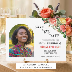 Elegant Floral Photo 21st Birthday Party Save The Date