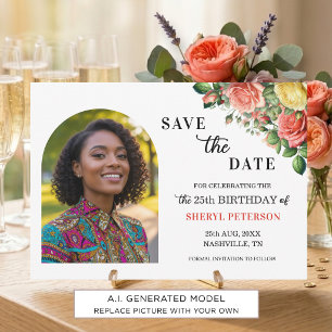 Elegant Floral Photo 25th Birthday Party  Save The Date