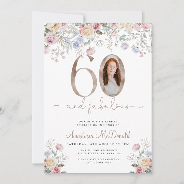 Elegant Floral Photo 60th Birthday Invitation (Front)