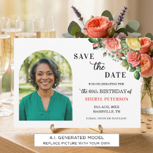 Elegant Floral Photo 60th Birthday Party Save The Date