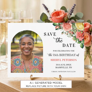 Elegant Floral Photo 75th Birthday Party  Save The Date