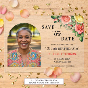 Elegant Floral Photo 75th Birthday Save the Date