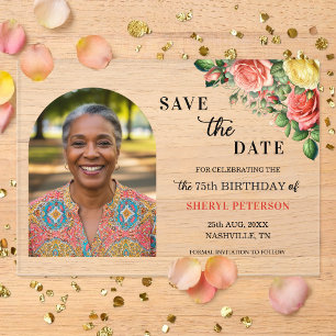 Elegant Floral Photo 75th Birthday Save the Date