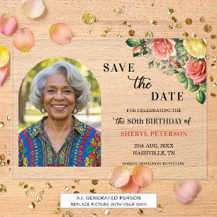 Elegant Floral Photo 80th Birthday Save the Date