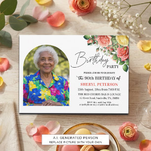 Elegant Floral Photo 90th Birthday Party Save The Date