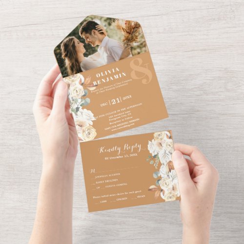 Elegant Floral Photo Autumn and Winter Wedding All In One Invitation