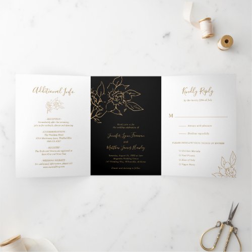 Elegant Floral Photo Black Gold All In One Wedding Tri_Fold Invitation