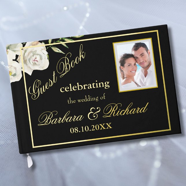 Elegant Floral Photo Black Wedding Gold Foil  Foil Guest Book (Creator Uploaded)