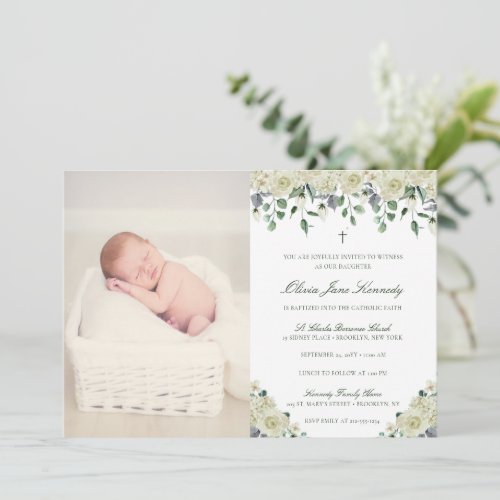 Elegant Floral  Photo Catholic Baptism Invitation