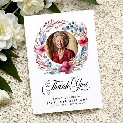 Elegant Floral Photo Funeral  Thank You Card