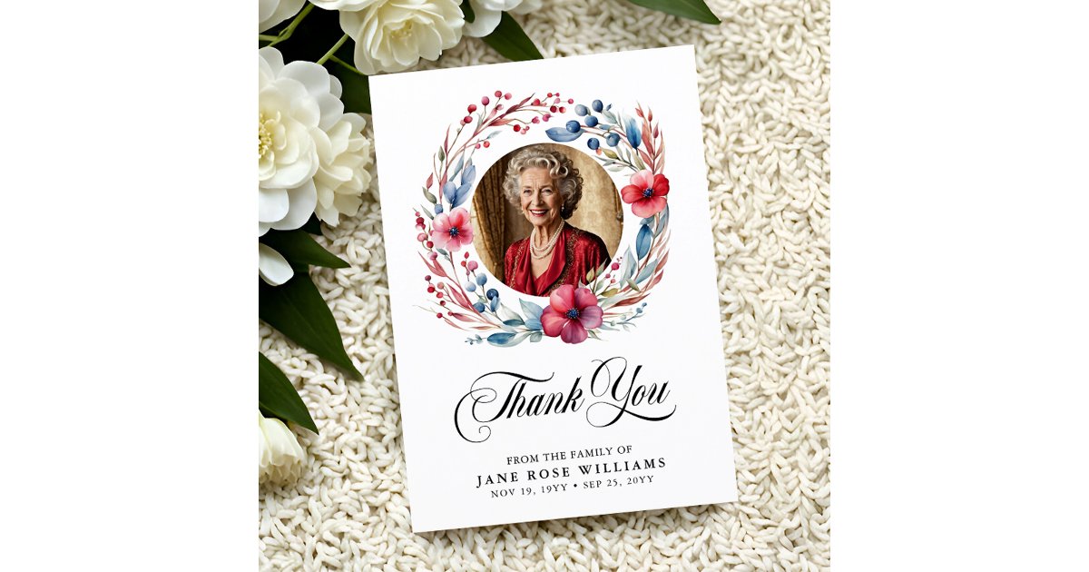 Elegant Floral Photo Funeral Thank You Card | Zazzle