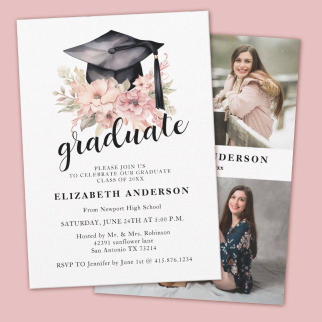 Elegant Floral Photo Graduation Party Announcement (An elegant girls floral graduation party invitation. Personalize with your name and photos.)