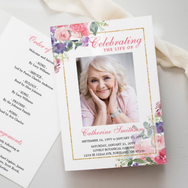 Elegant Floral Photo Memorial Funeral Program (Creator Uploaded)