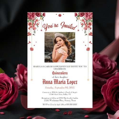 Elegant Floral Photo Mis Quince Quinceañera 15th Invitation