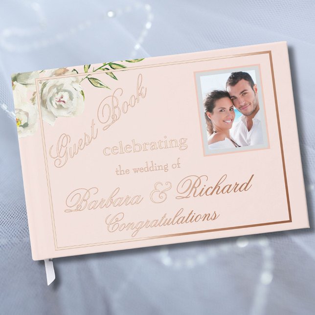 Elegant Floral Photo Pink Wedding Rose Gold Foil  Foil Guest Book (Creator Uploaded)
