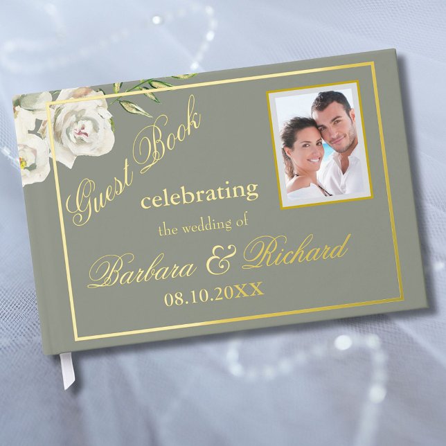 Elegant Floral Photo Sage Green Wedding Gold Foil  Foil Guest Book (Creator Uploaded)