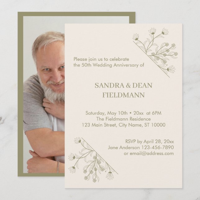 Elegant Floral Photo Wedding 50th Anniversary Invitation (Front/Back)