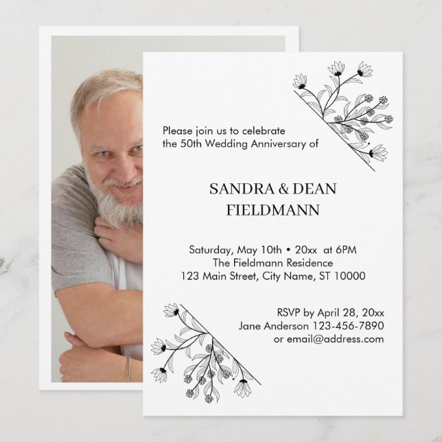 Elegant Floral Photo Wedding 50th Anniversary Invitation (Front/Back)