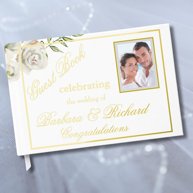 Elegant Floral Photo Wedding Reception Gold Foil  Foil Guest Book (Creator Uploaded)
