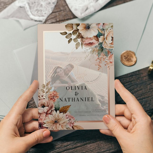 Elegant Floral Photo Wedding Save the Date Foil Invitation (Creator Uploaded)