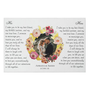 Elegant Floral Photo Wedding Vow Art Anniversary Faux Canvas Print