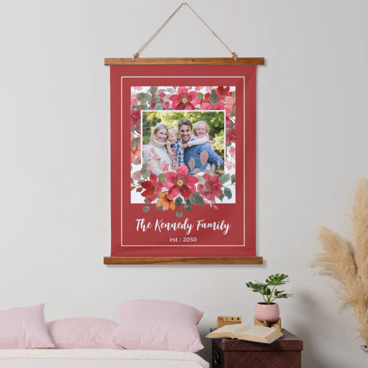 Elegant Floral Picture Frame Family Name Photo Hanging Tapestry Zazzle