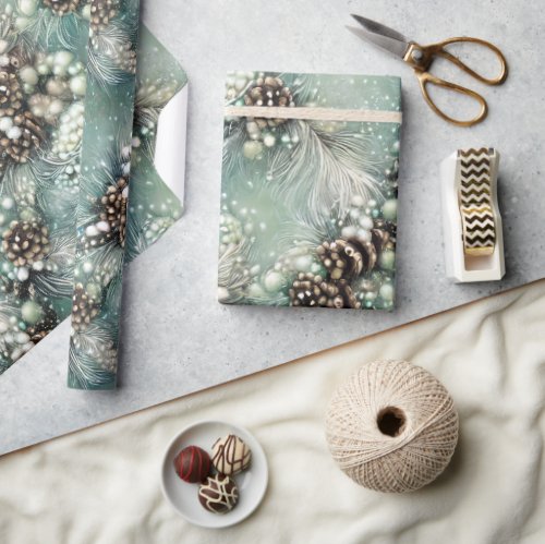 Elegant Floral Pine Christmas Feathers  Pearls Wrapping Paper