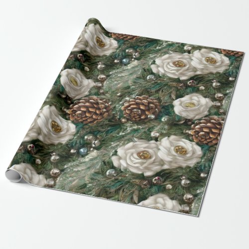 Elegant Floral Pine Cone Christmas Pearl Jewel Wrapping Paper