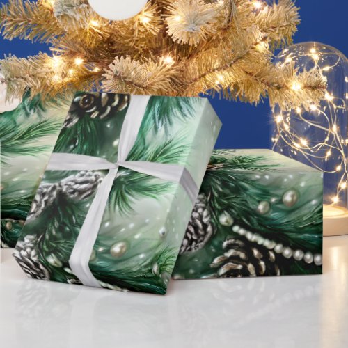 Elegant Floral Pine Cone Christmas Pearl  Light Wrapping Paper