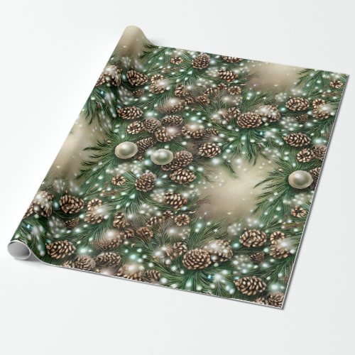 Elegant Floral Pine Cone Christmas Pearl  Light Wrapping Paper