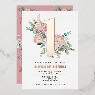 Elegant Floral Pink 1st Birthday Invitation Foil Invitation
