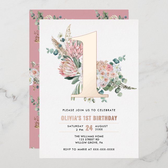 Elegant Floral Pink 1st Birthday Invitation  Foil Invitation (Front/Back)