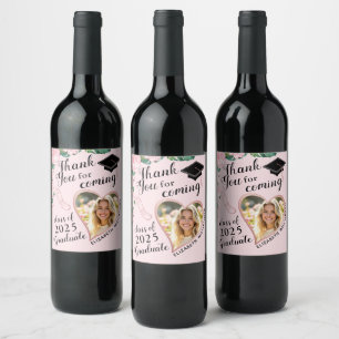 Elegant Floral Pink 2025 Thank You Graduation Wine Label
