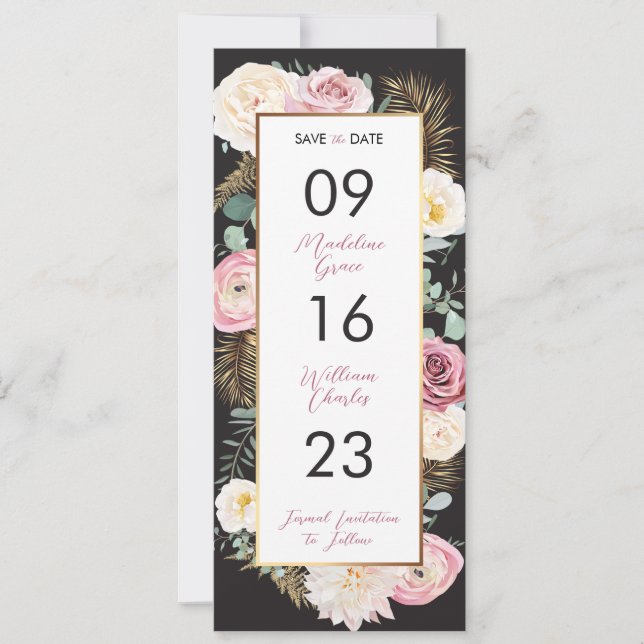 Elegant Floral Pink and Black Save the Date (Front)