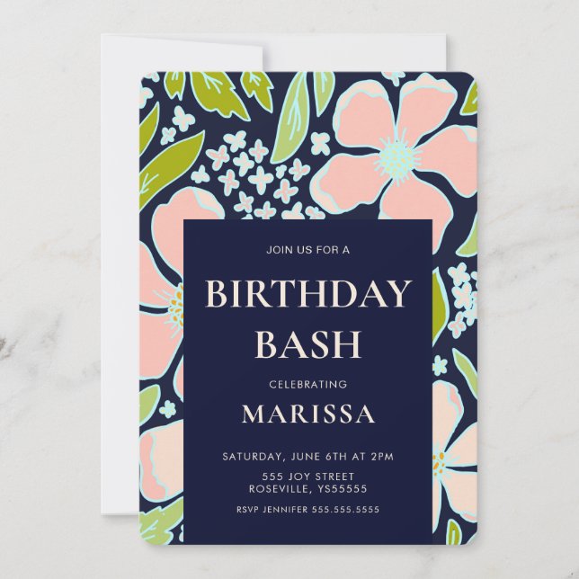 Elegant Floral pink and blue Birthday Bash Invitation (Front)