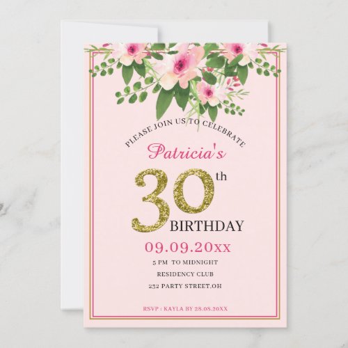 Elegant Floral Pink And Gold  30th Birthday Invitation
