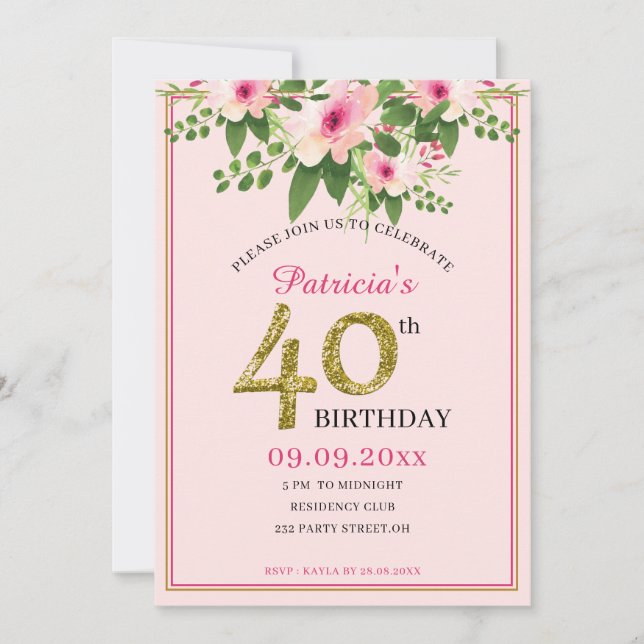 Elegant Floral Pink And Gold  40th Birthday Invitation (Front)