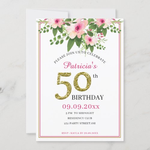 Elegant Floral Pink And Gold  50th Birthday Party Invitation