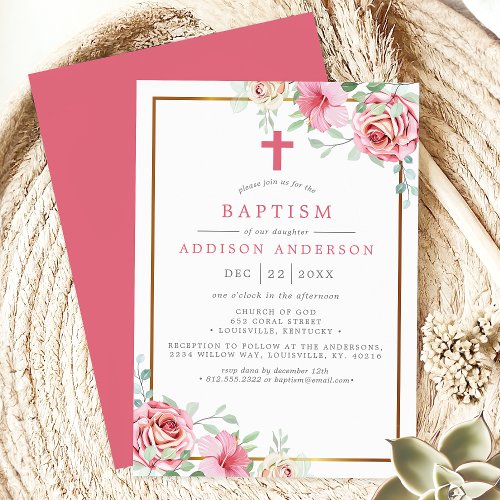 Elegant Floral Pink And Gold With Cross Baptism Invitation