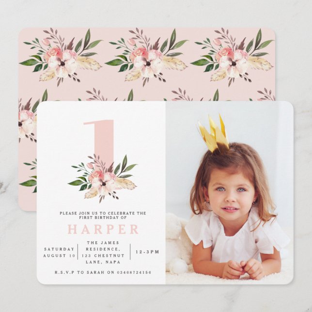 Elegant floral pink birthday party invitation (Front/Back)