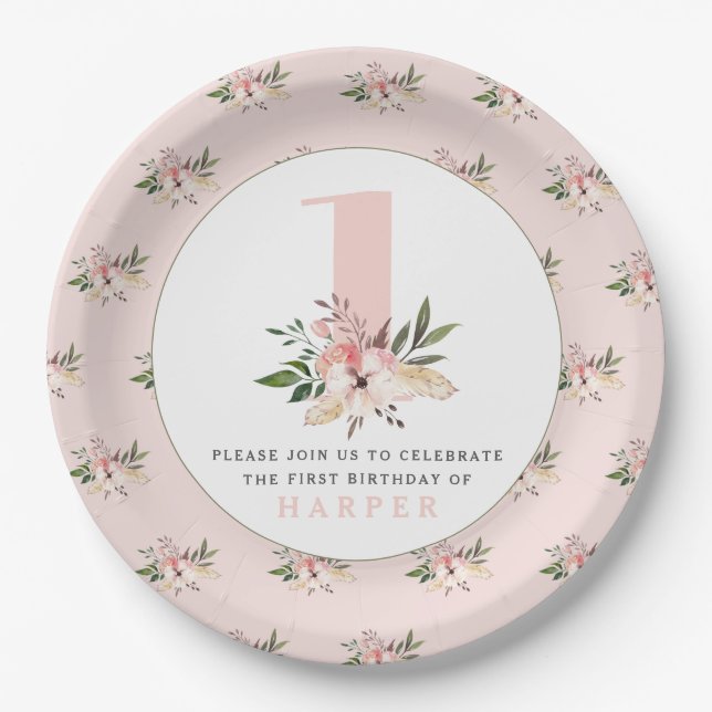 Elegant floral pink birthday party paper plates. plates (Front)