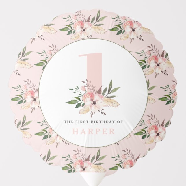 Elegant floral pink birthday stickers balloon (Front)