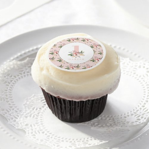 Elegant floral pink birthday stickers edible frosting rounds