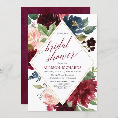 Elegant floral pink blue burgundy bridal shower invitation