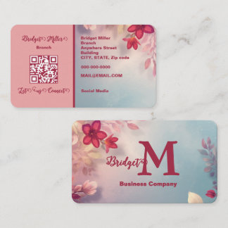 Elegant Floral Pink Blue Gradient QR Business Card