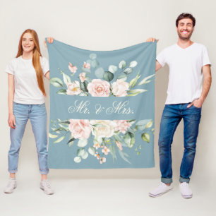 Elegant Floral Pink Blue Watercolor Mr. & Mrs. Fleece Blanket