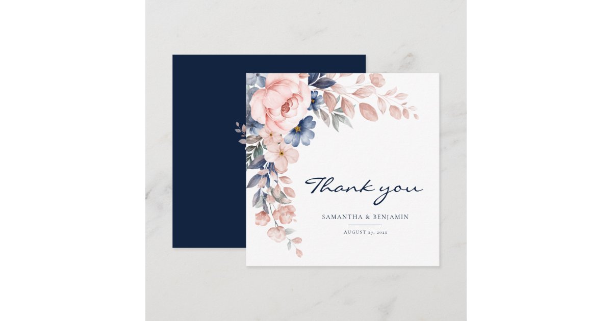 Elegant Floral Pink Blue Watercolor Wedding Thank You Card | Zazzle
