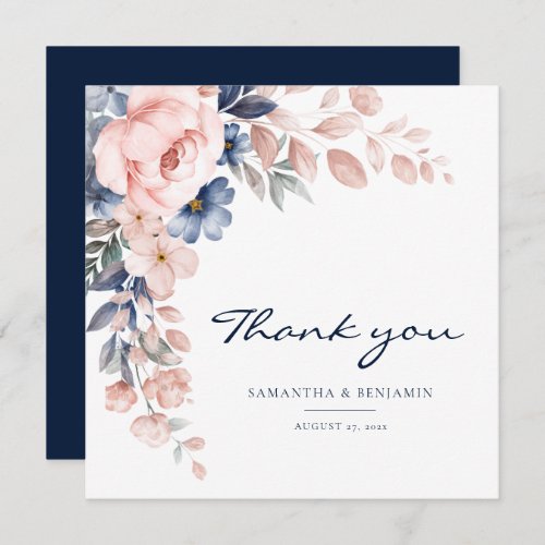 Elegant Floral Pink Blue Watercolor Wedding Thank You Card